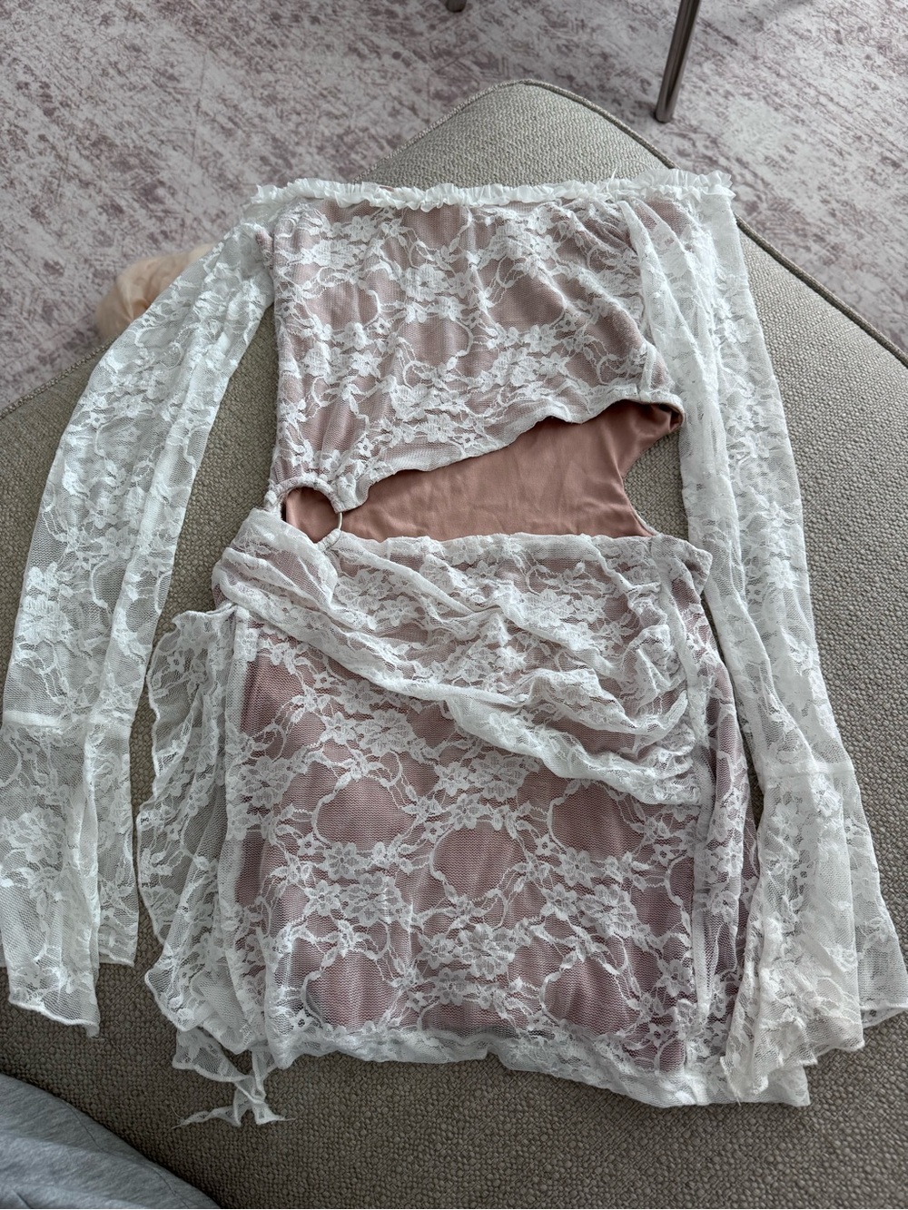 White Lace Overlay Dress with Blush Underlay